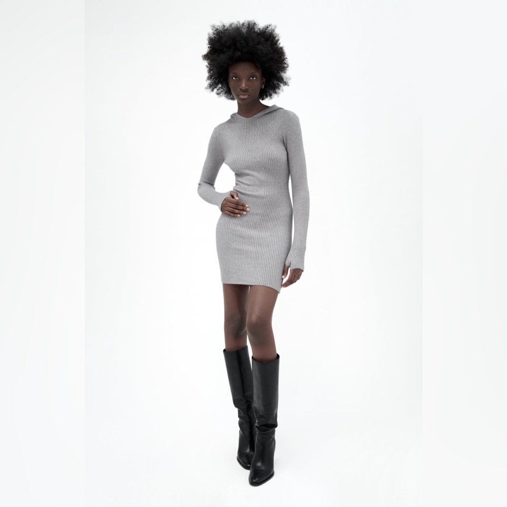 Zara Gray Ribbed Knit Long Sleeve Hooded Mini Dress